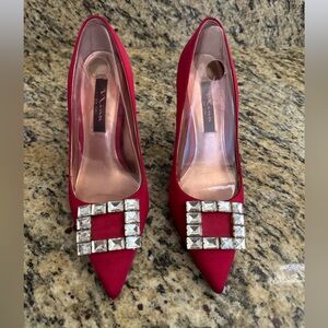 Nina red shoes with crystal buckle, sparkle cage stiletto